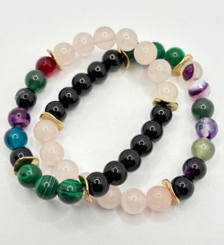 Bransoletka z kwarcem rózowym, agatem,malachitem,obsydianem