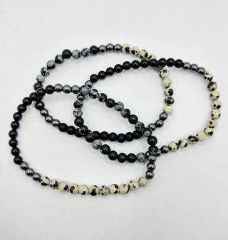 Bransoletka z obsydianem,obsydianem śnieżnym, jaspisem dalmatyńskim