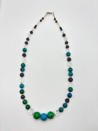 Naszyjnik z chryzokolą,lawą wulkaniczną,kryształem górskim