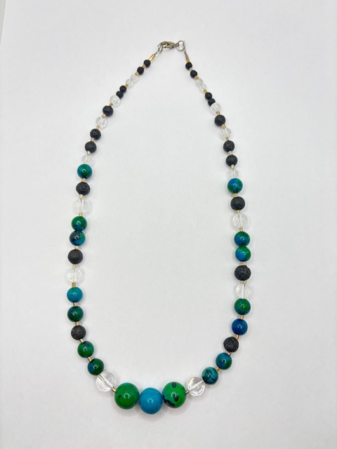 Naszyjnik z chryzokolą,lawą wulkaniczną,kryształem górskim