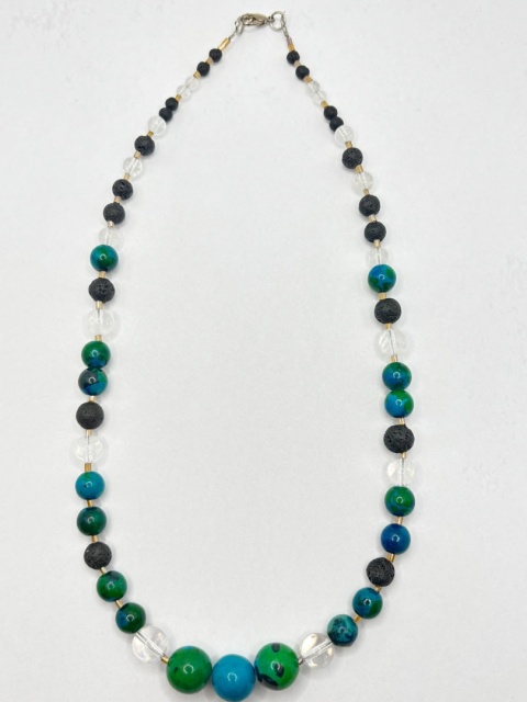 Naszyjnik z chryzokolą,lawą wulkaniczną,kryształem górskim