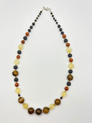 Naszyjnik z tygrysiego oka,cytrynem,pieskem pustyni i lawą