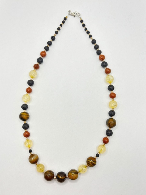 Naszyjnik z tygrysiego oka,cytrynem,pieskem pustyni i lawą