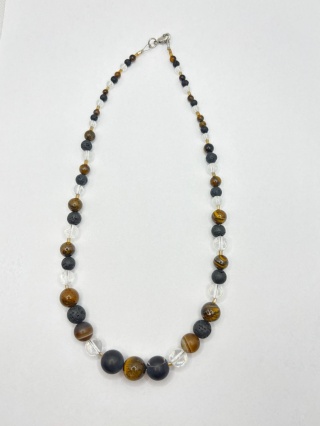 Naszyjnik z tygrysiego oka,kryształem górskim,lawą wulkaniczną