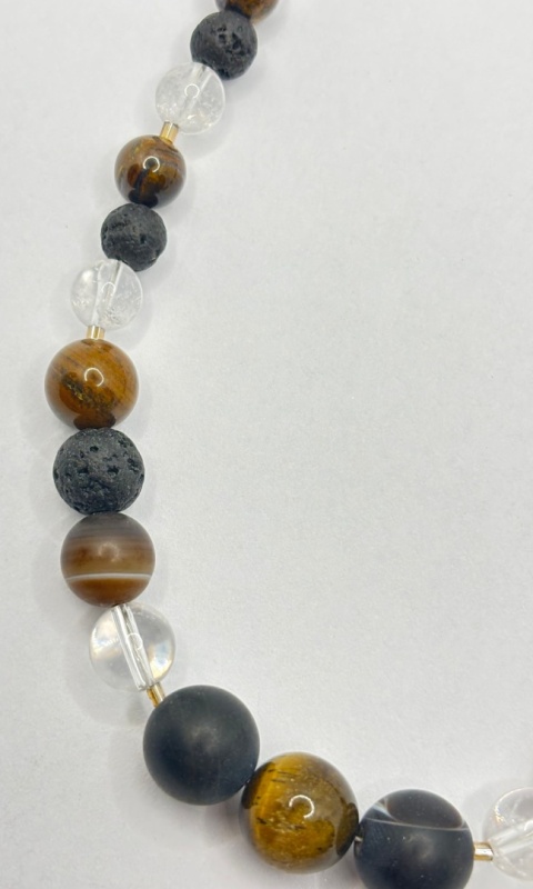 Naszyjnik z tygrysiego oka,kryształem górskim,lawą wulkaniczną