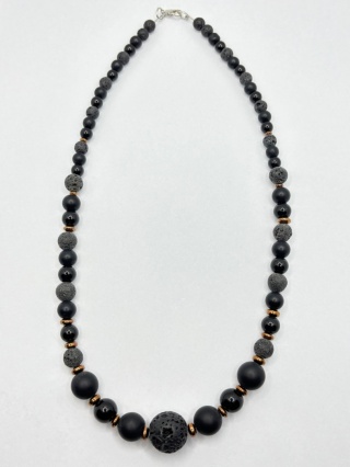 Naszyjnik z lawą wulkaniczną,onyksem i obsydianem